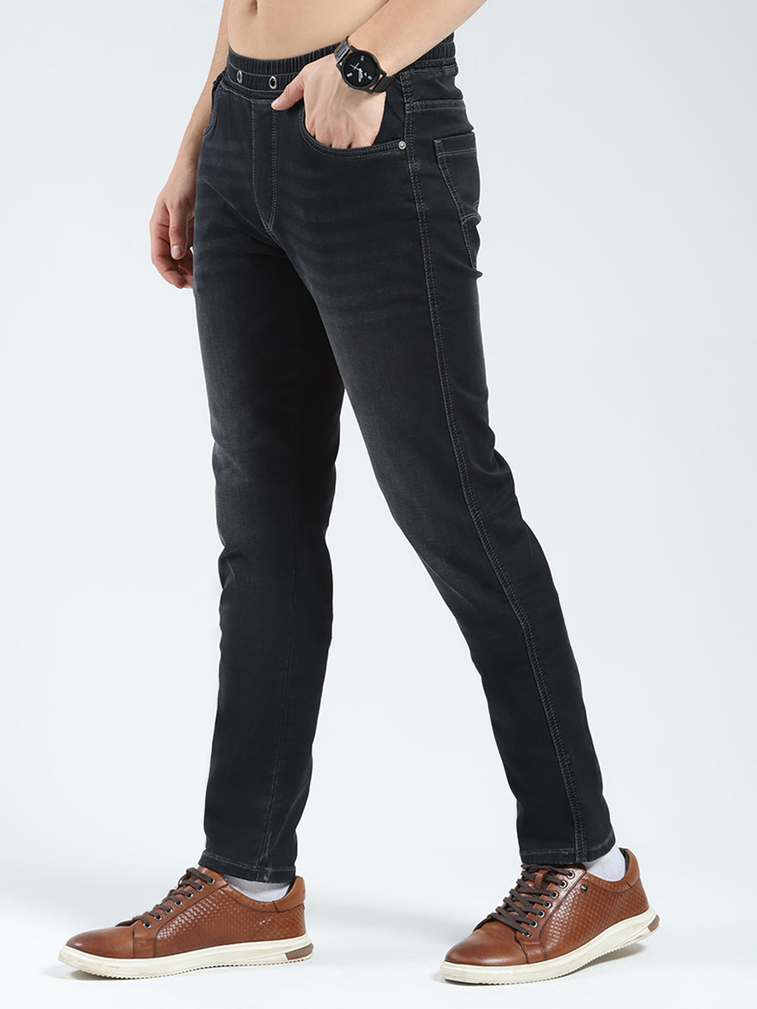 Men Black Solid Slim Fit Denim