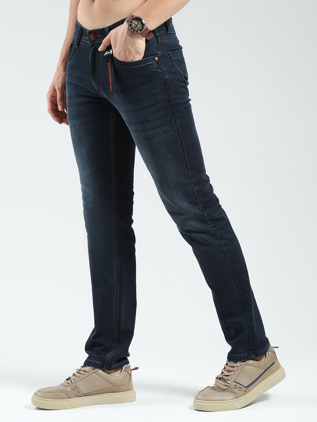 Men Blue Solid Narrow Fit Denim