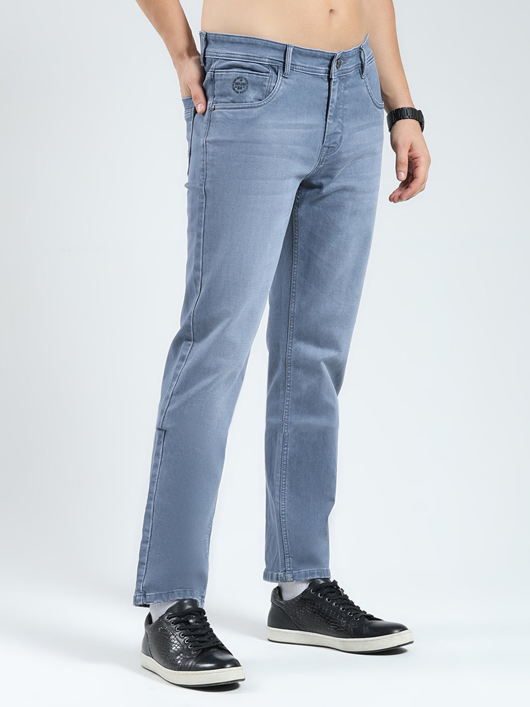 Men Grey Solid Straight Fit Denim