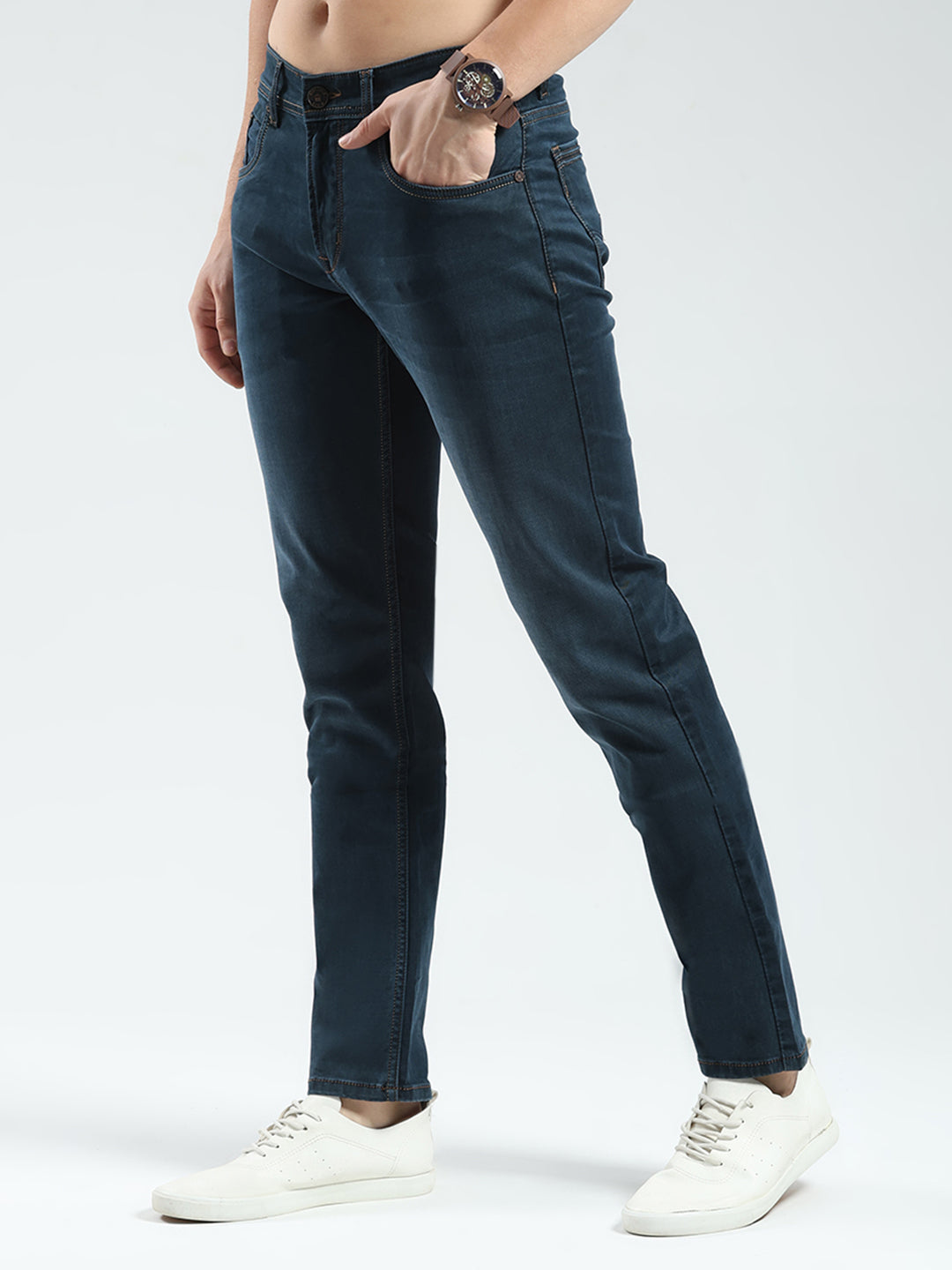 Men Green Solid Narrow Fit Denim