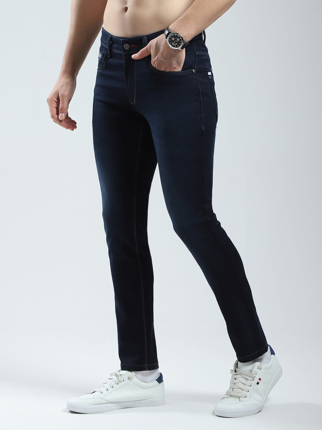 Men Navy Blue Solid Ankle Length Denim