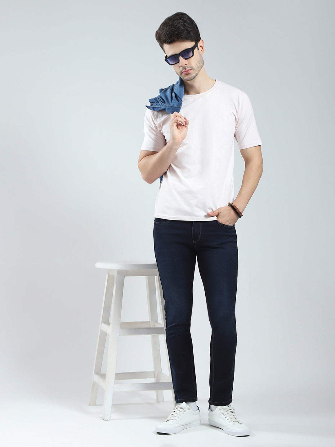 Men Navy Blue Solid Ankle Length Denim