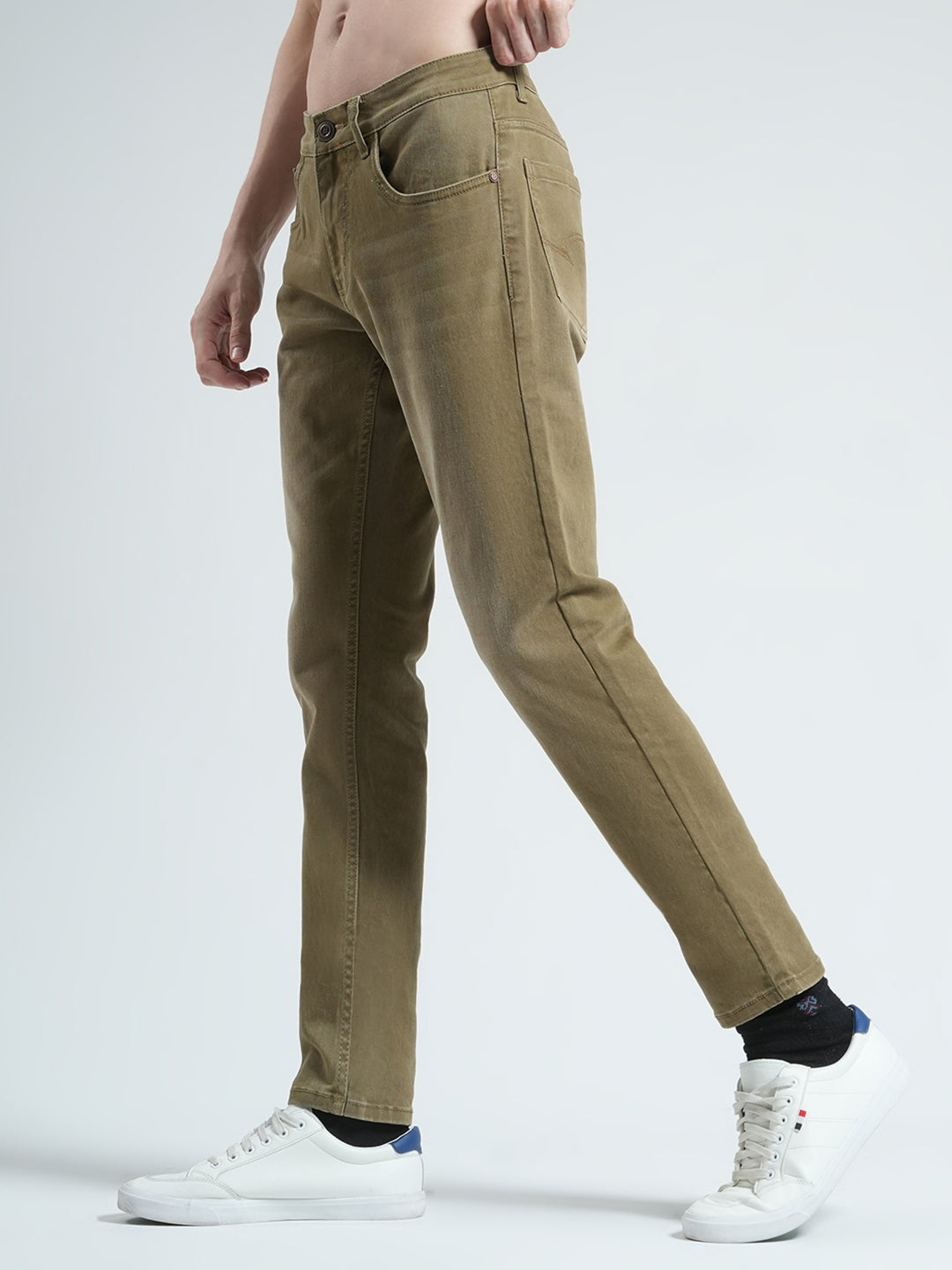 Men Khaki Solid Skinny Fit Denim