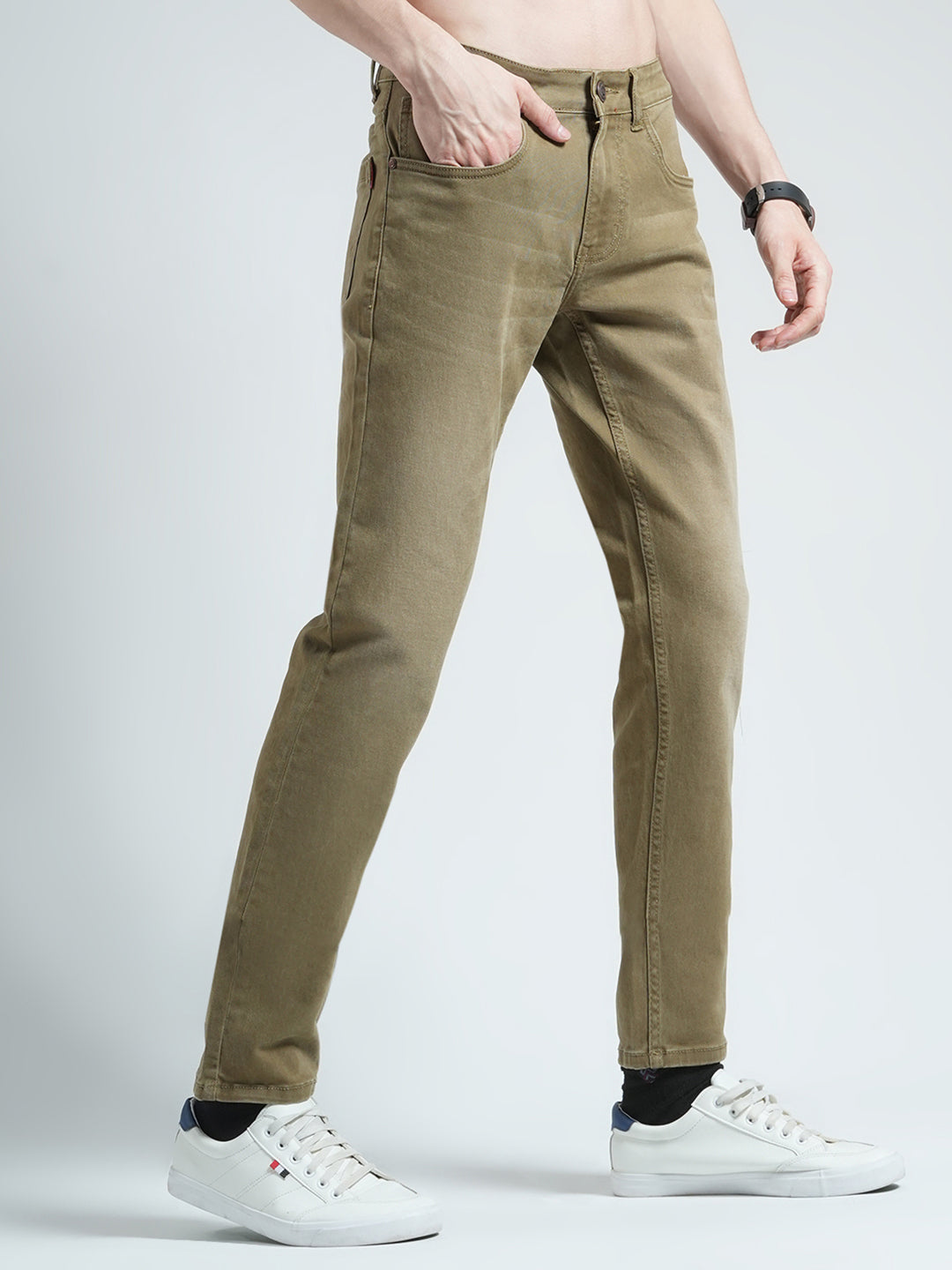 Men Khaki Solid Skinny Fit Denim