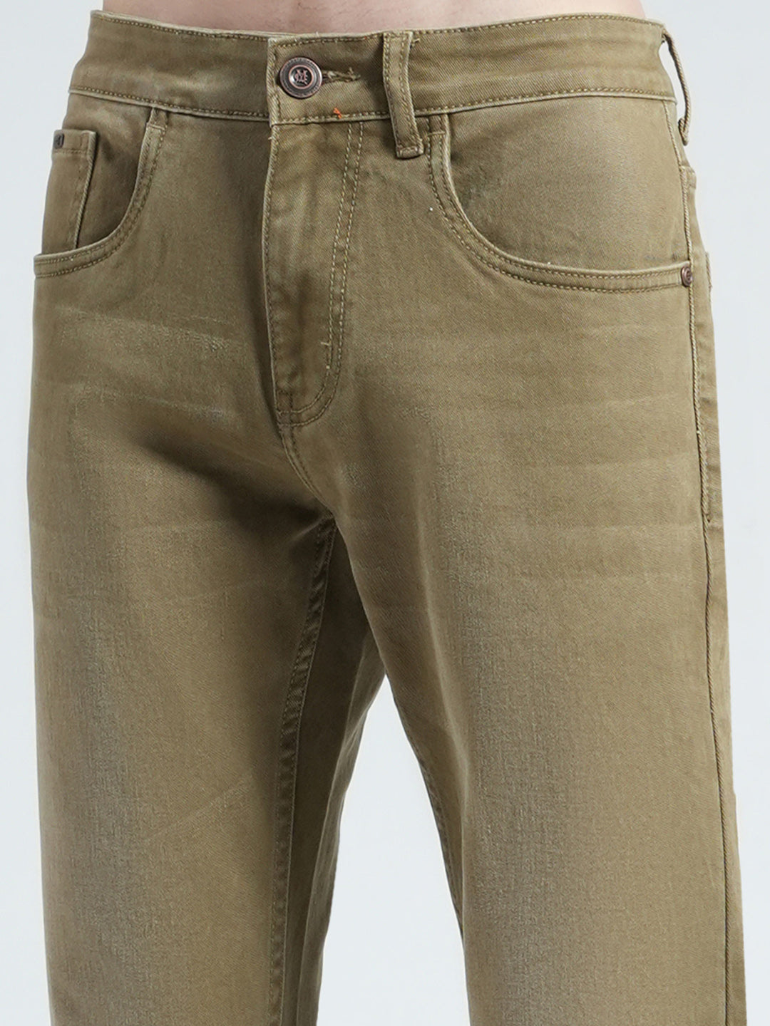 Men Khaki Solid Skinny Fit Denim