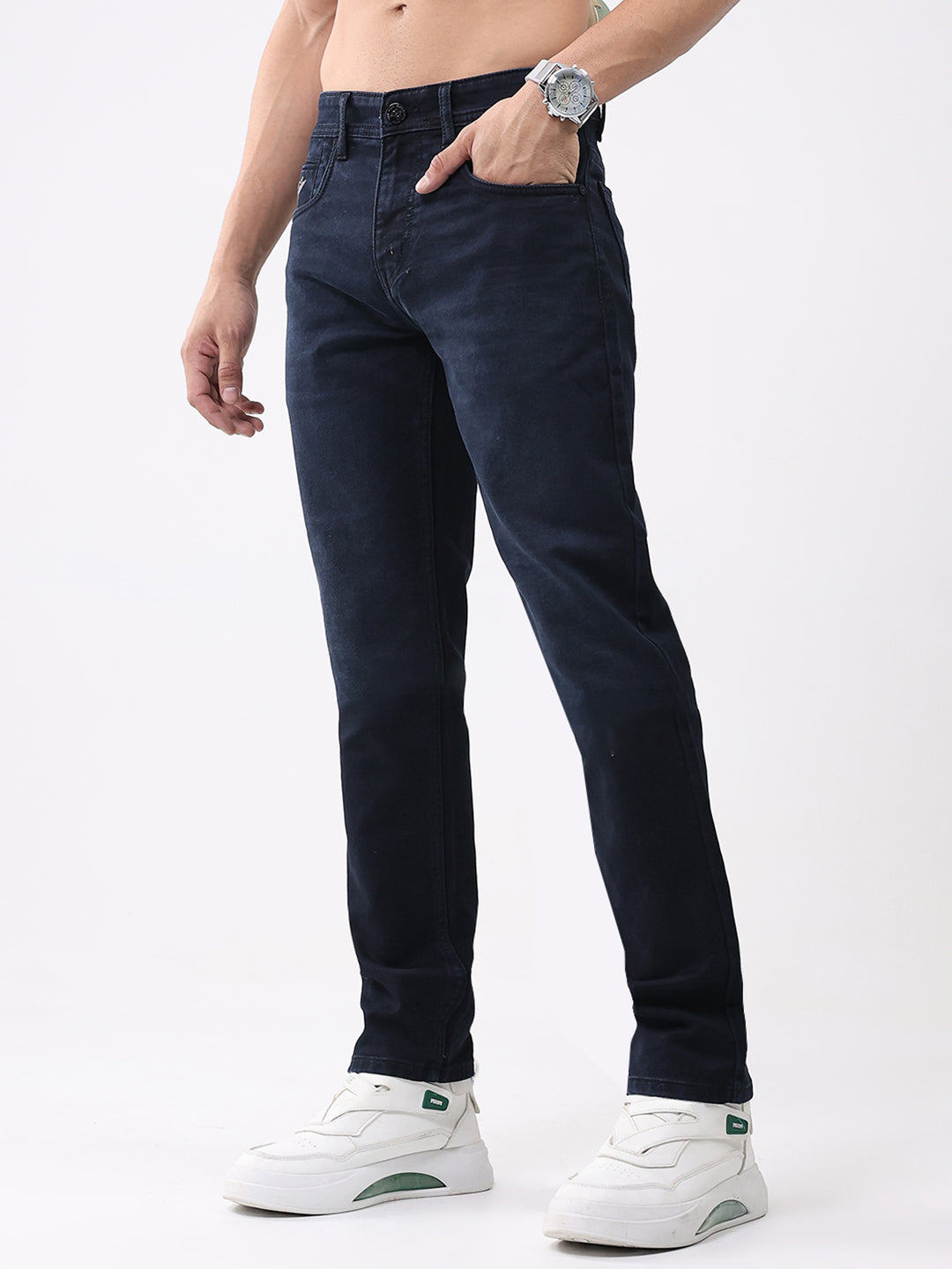 Men Navy Blue Solid Narrow Fit Denim