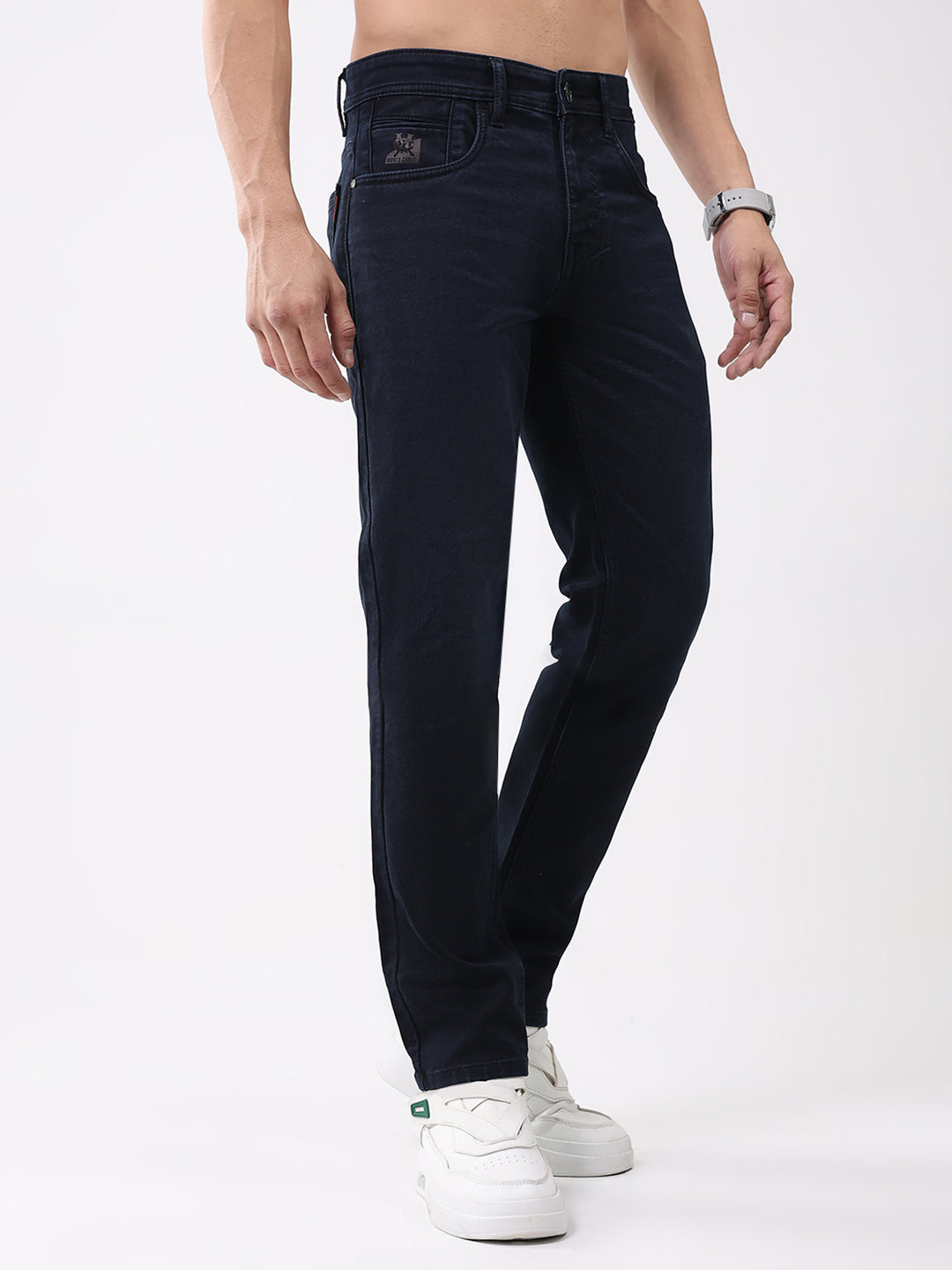 Men Navy Blue Solid Narrow Fit Denim