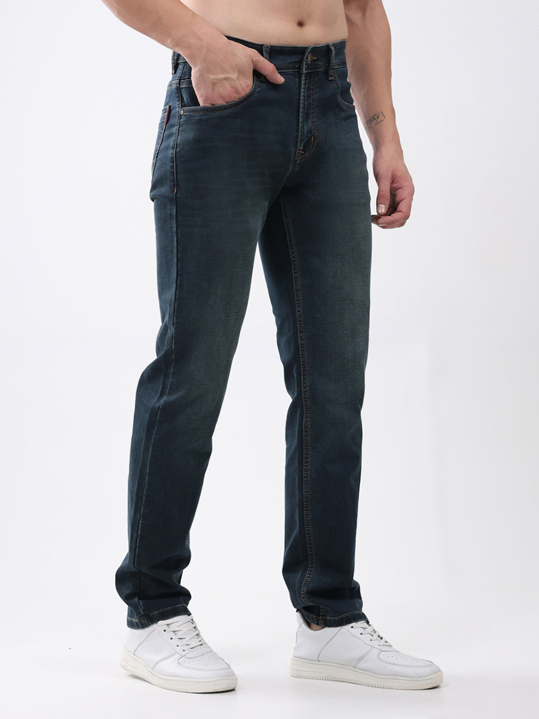 Men Green Solid Straight Fit Denim