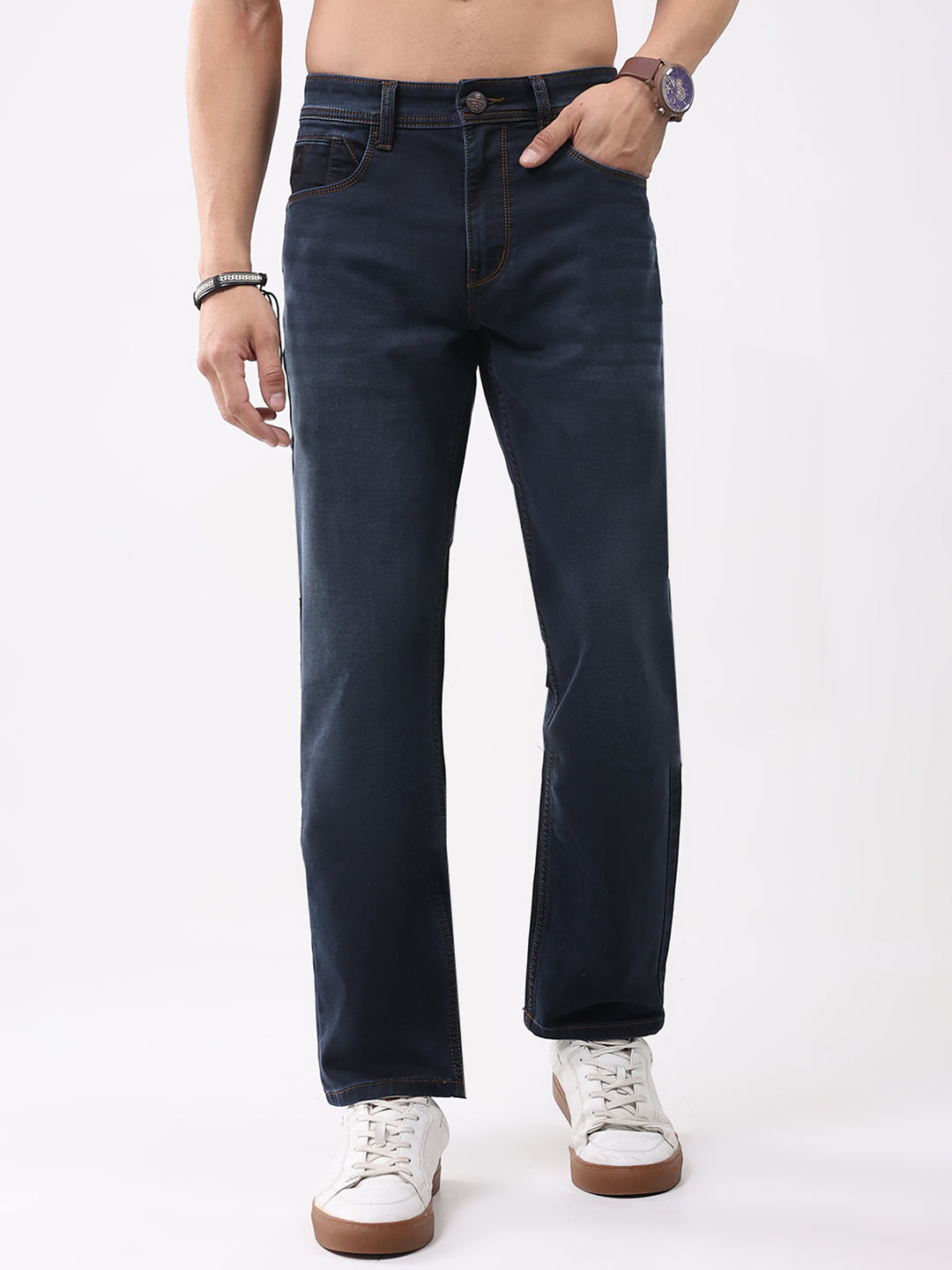 Men Dark Blue Solid Straight Fit Denim