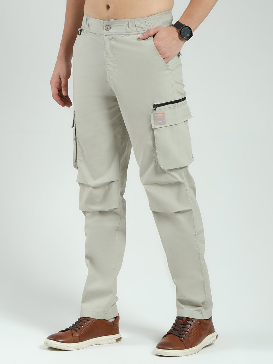 Men Grey Solid Regular Fit Cargo