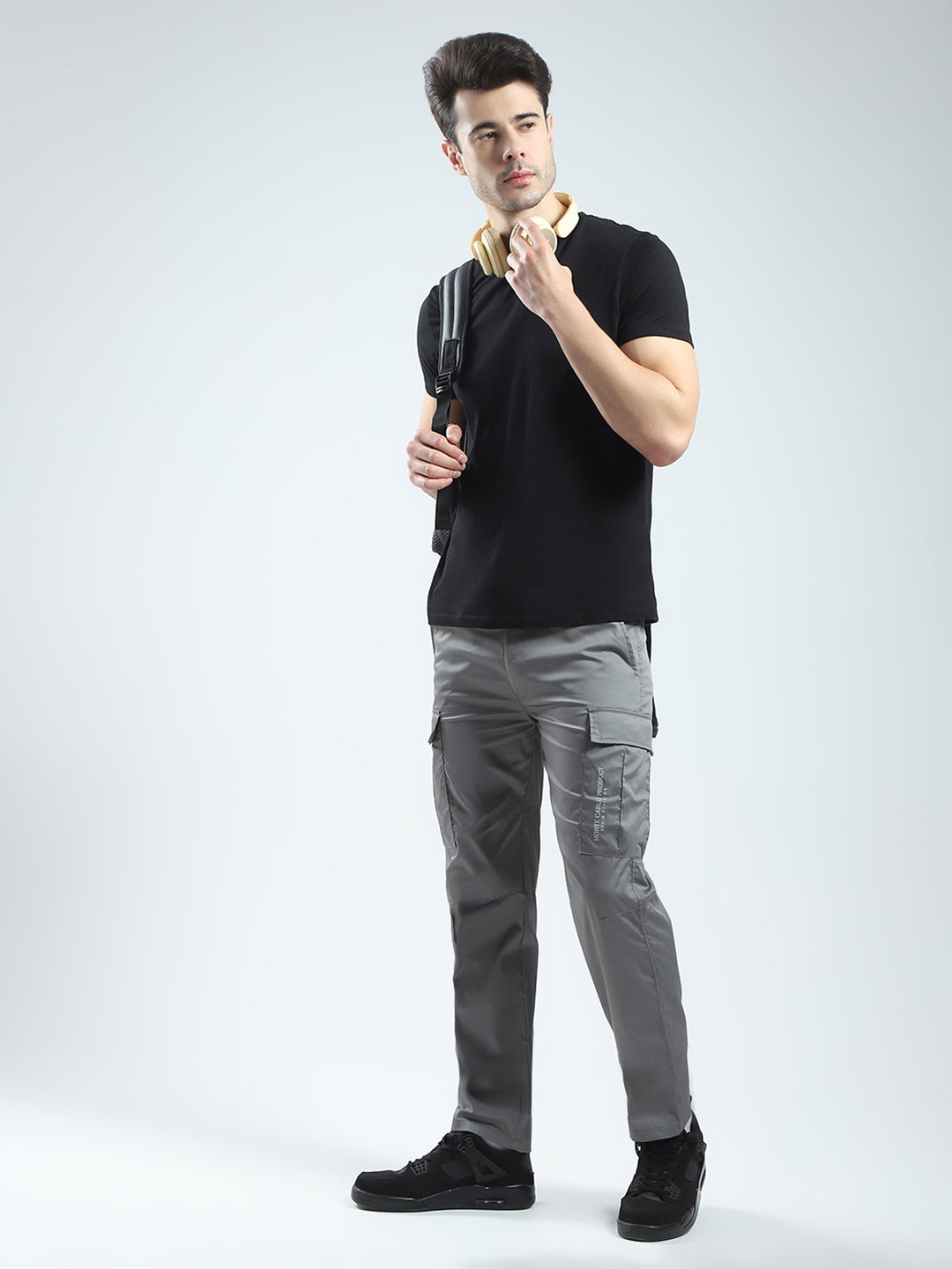 Men Grey Solid Regular Fit Cargo
