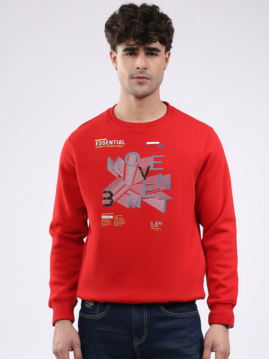 Men Red Printed Round Neck Full Sleeve Sweatshirt