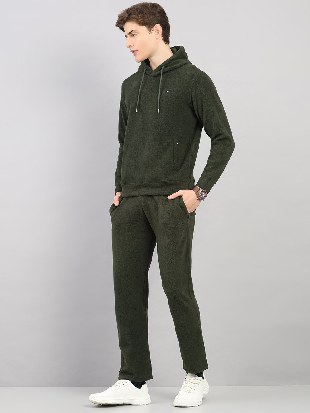 Men Olive Solid Hooded Full Sleeve Winter Tracksuit