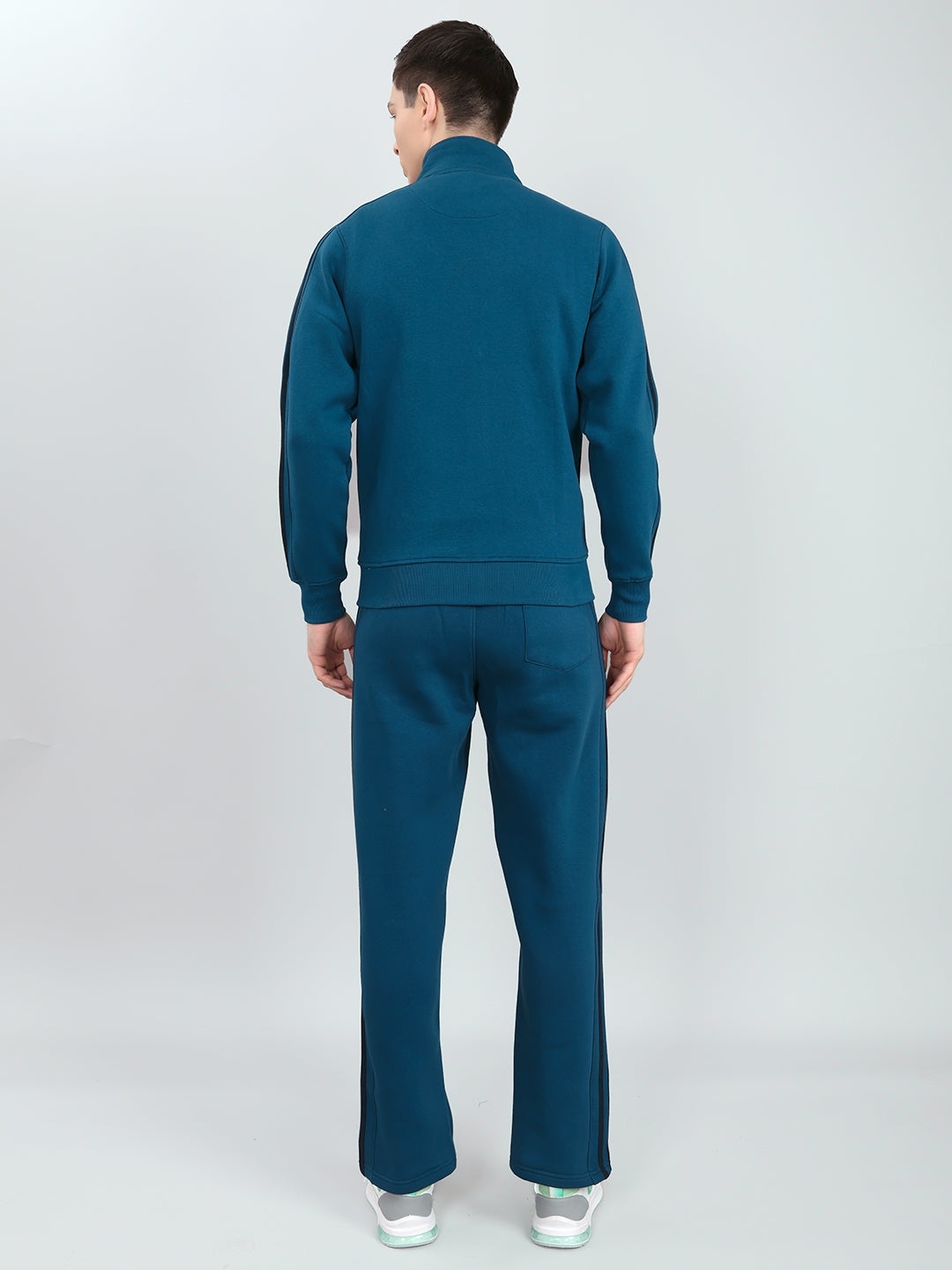 Men Teal Blue Solid Stand Collar Full Sleeve Winter Tracksuit