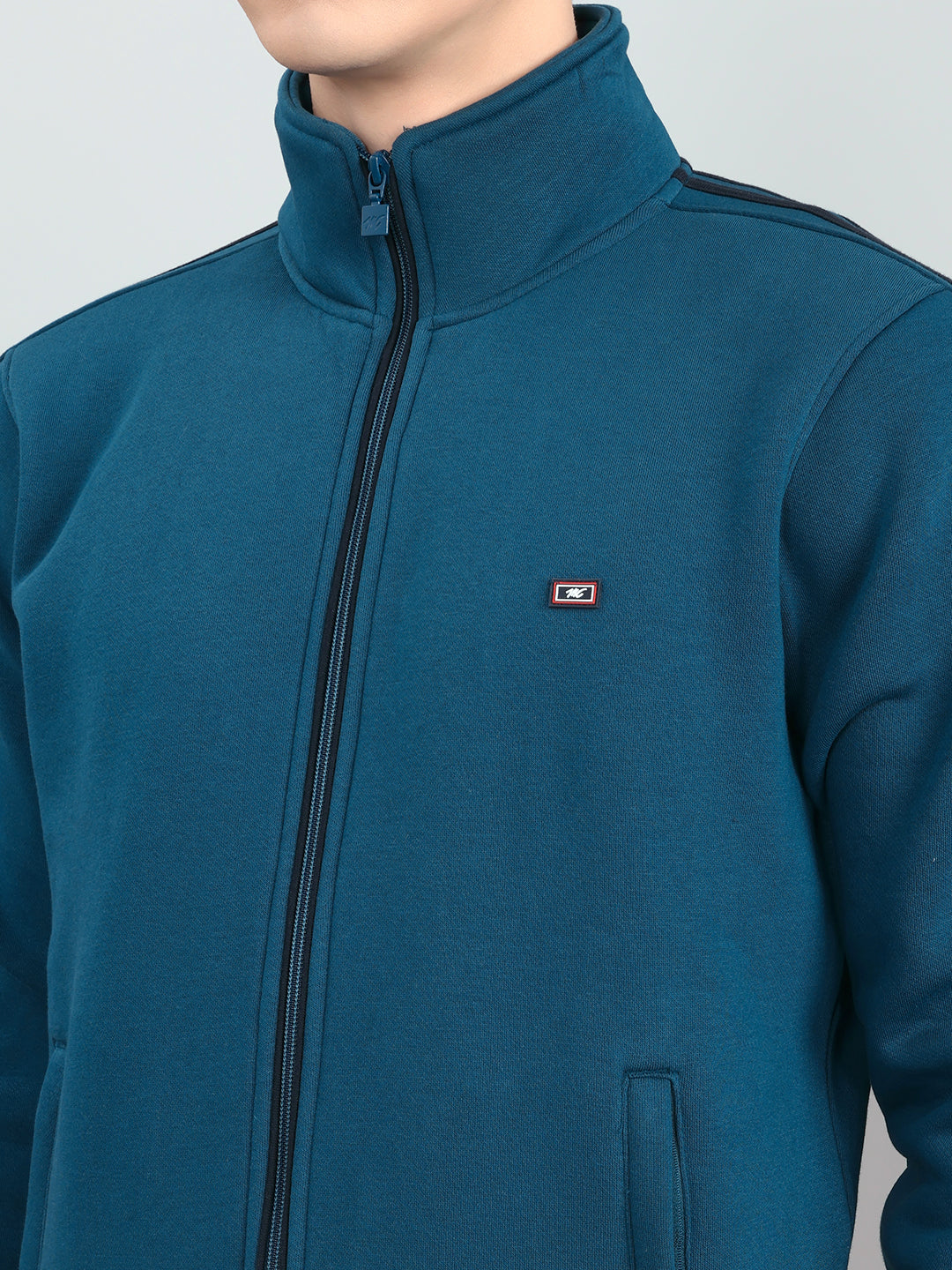 Men Teal Blue Solid Stand Collar Full Sleeve Winter Tracksuit