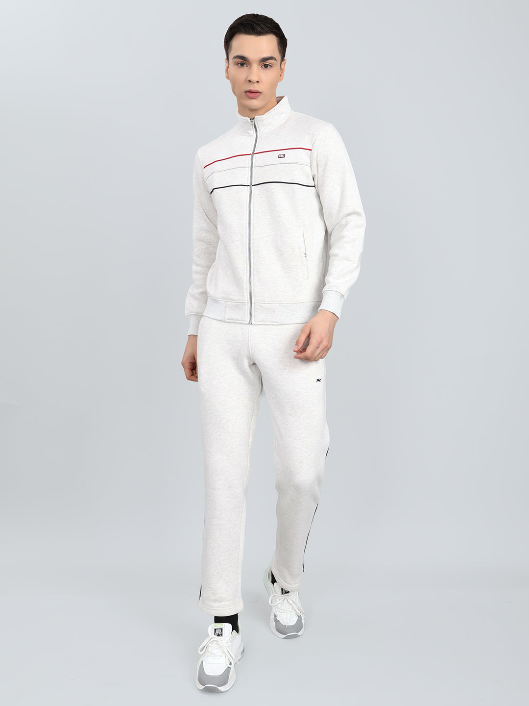 Men Off White Solid Mandarin Collar Full Sleeve Winter Tracksuit
