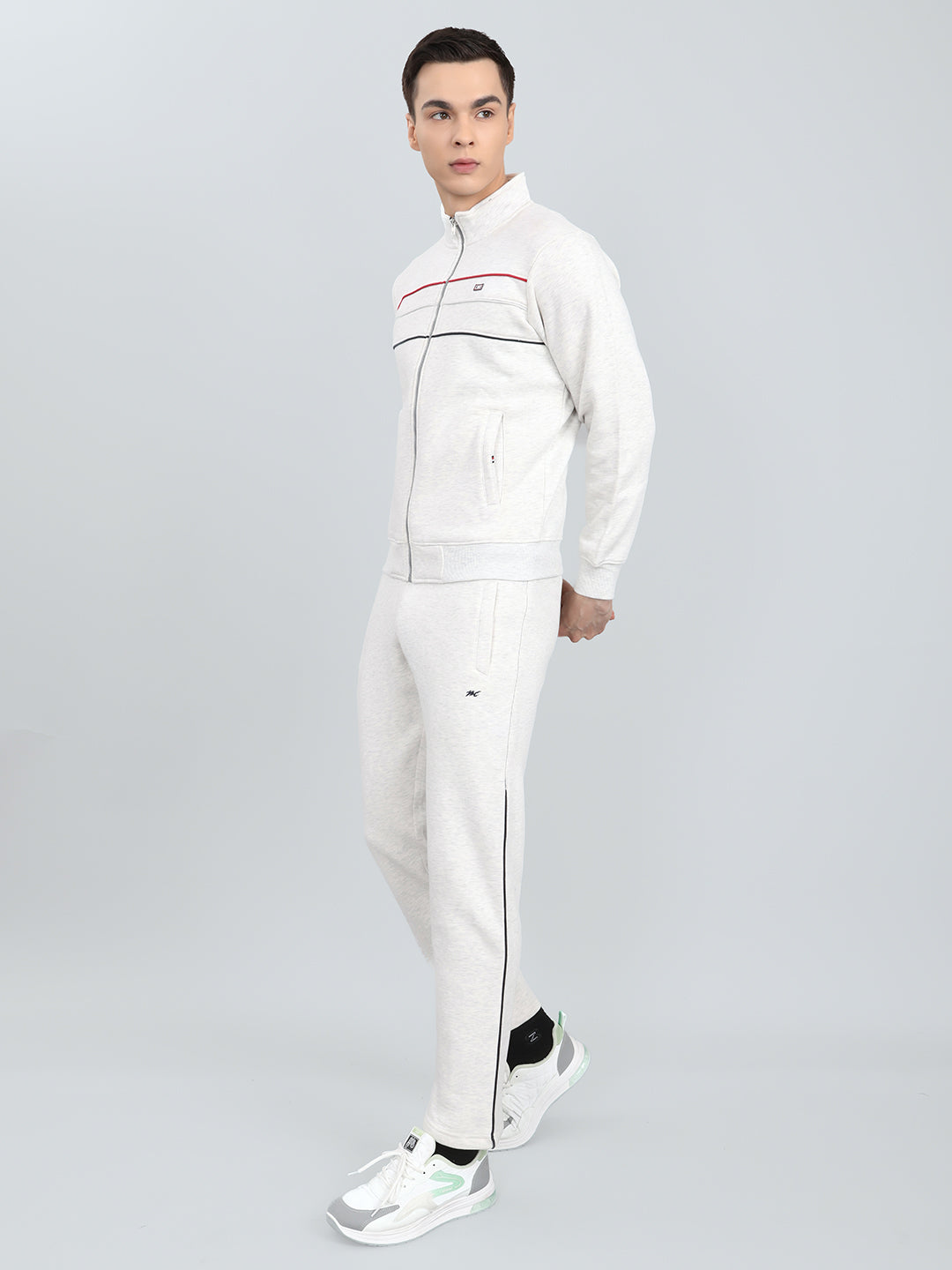 Men Off White Solid Mandarin Collar Full Sleeve Winter Tracksuit