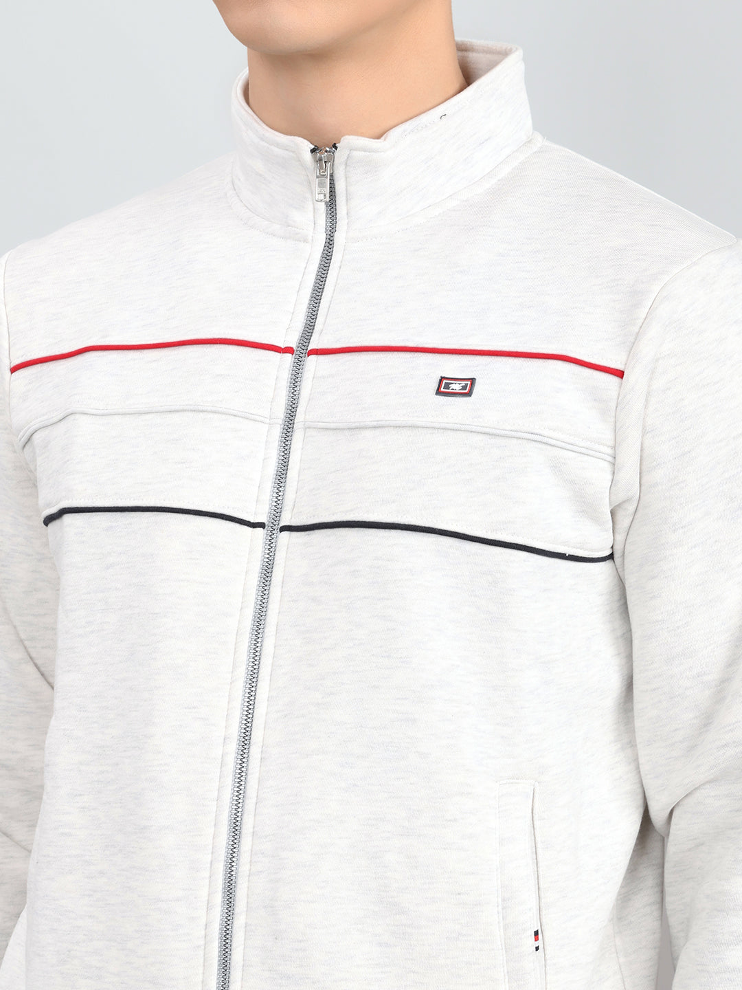 Men Off White Solid Mandarin Collar Full Sleeve Winter Tracksuit