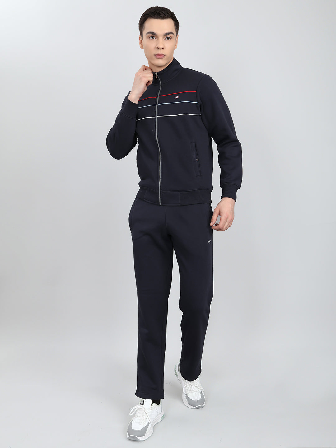 Men Navy Blue Solid Mandarin Collar Full Sleeve Winter Tracksuit