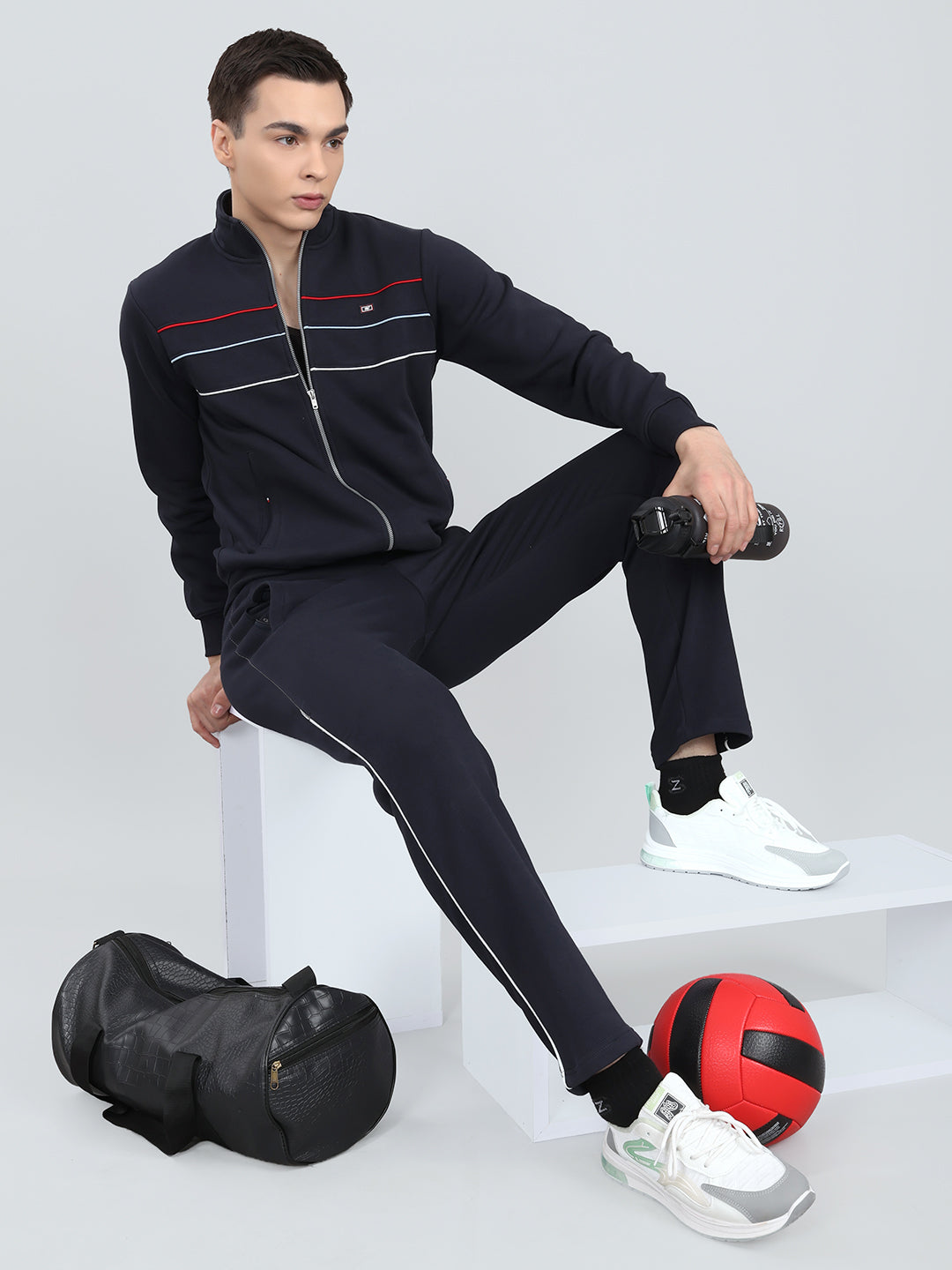 Men Navy Blue Solid Mandarin Collar Full Sleeve Winter Tracksuit