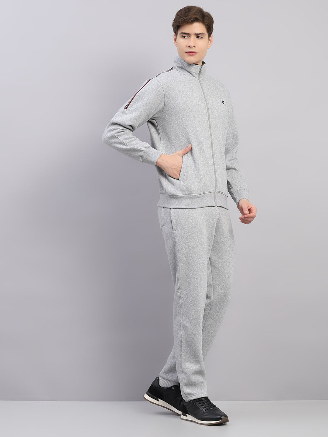 Men Grey Solid Stand Collar Full Sleeve Winter Tracksuit