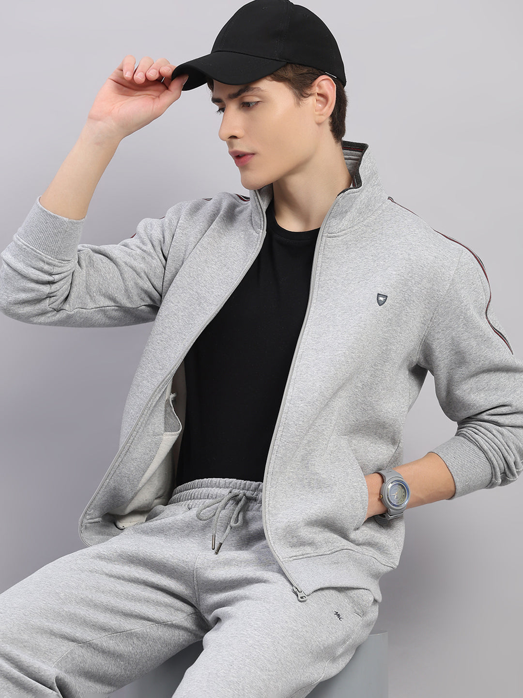 Men Grey Solid Stand Collar Full Sleeve Winter Tracksuit