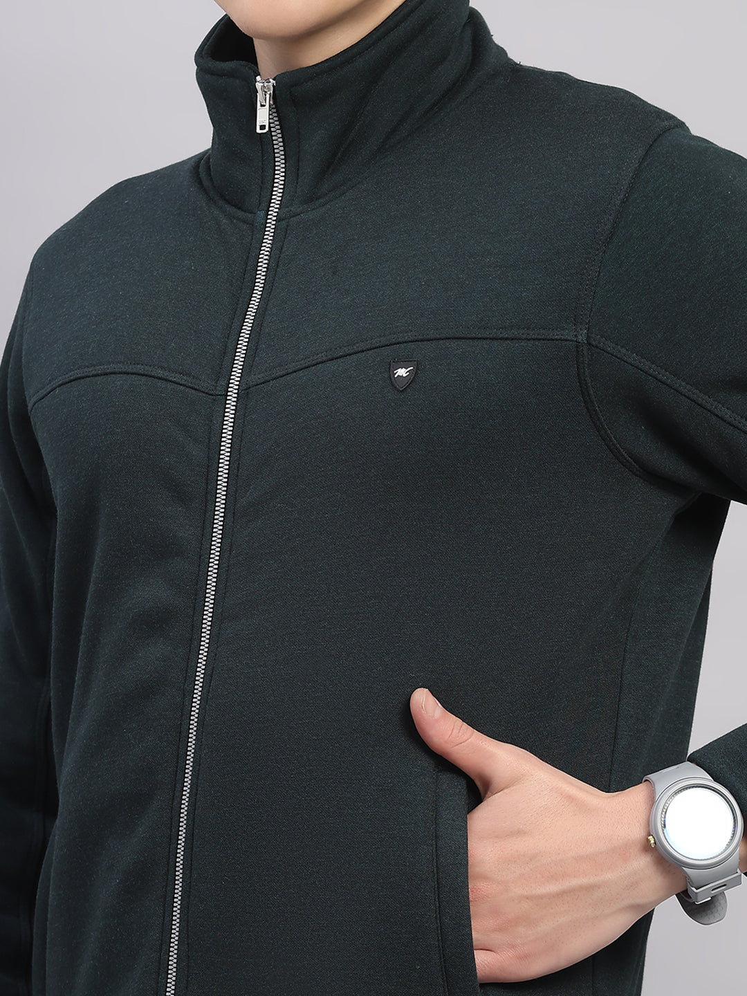 Men Charcoal Solid Stand Collar Full Sleeve Winter Tracksuit