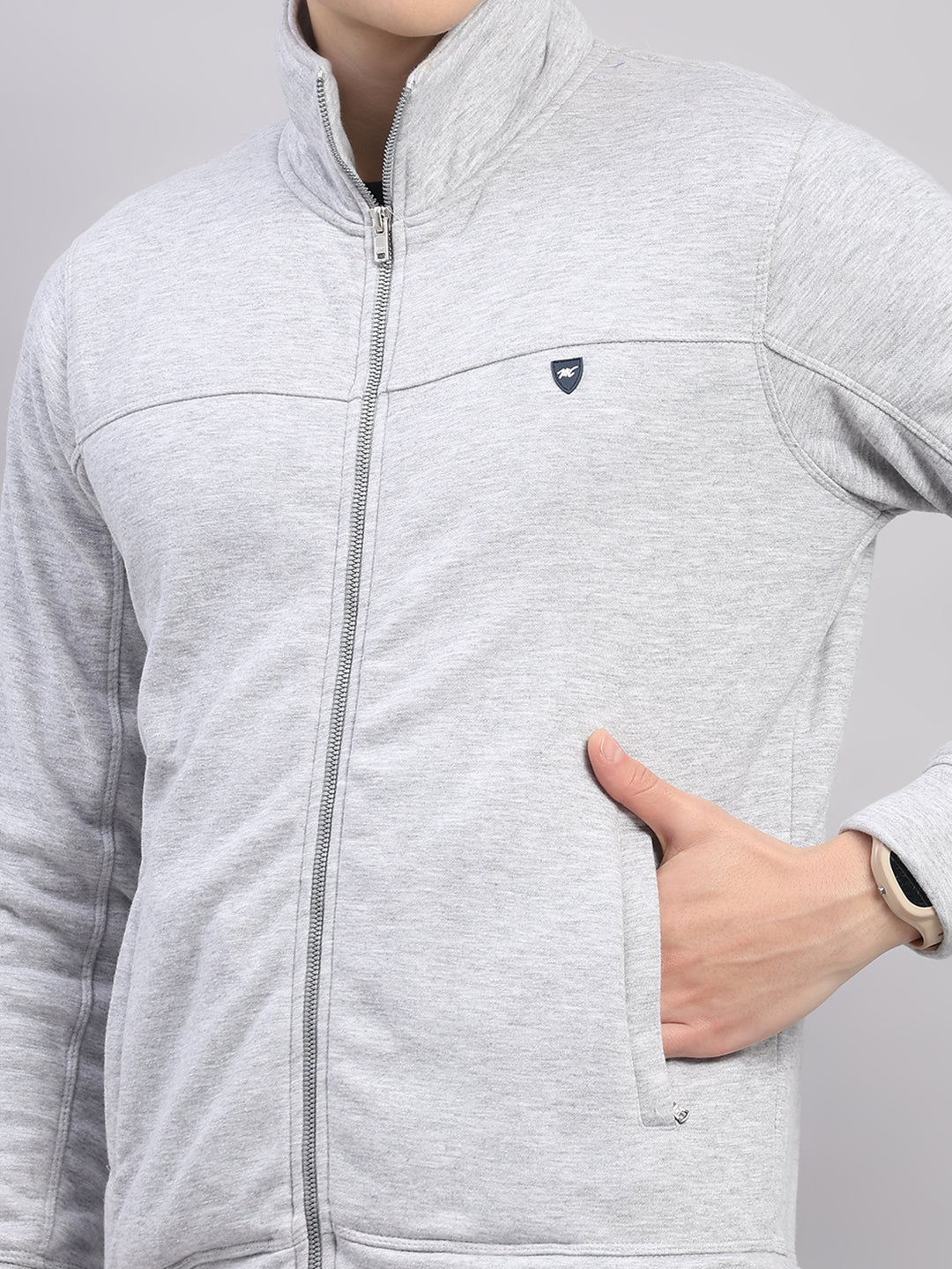 Men Grey Solid Stand Collar Full Sleeve Winter Tracksuit