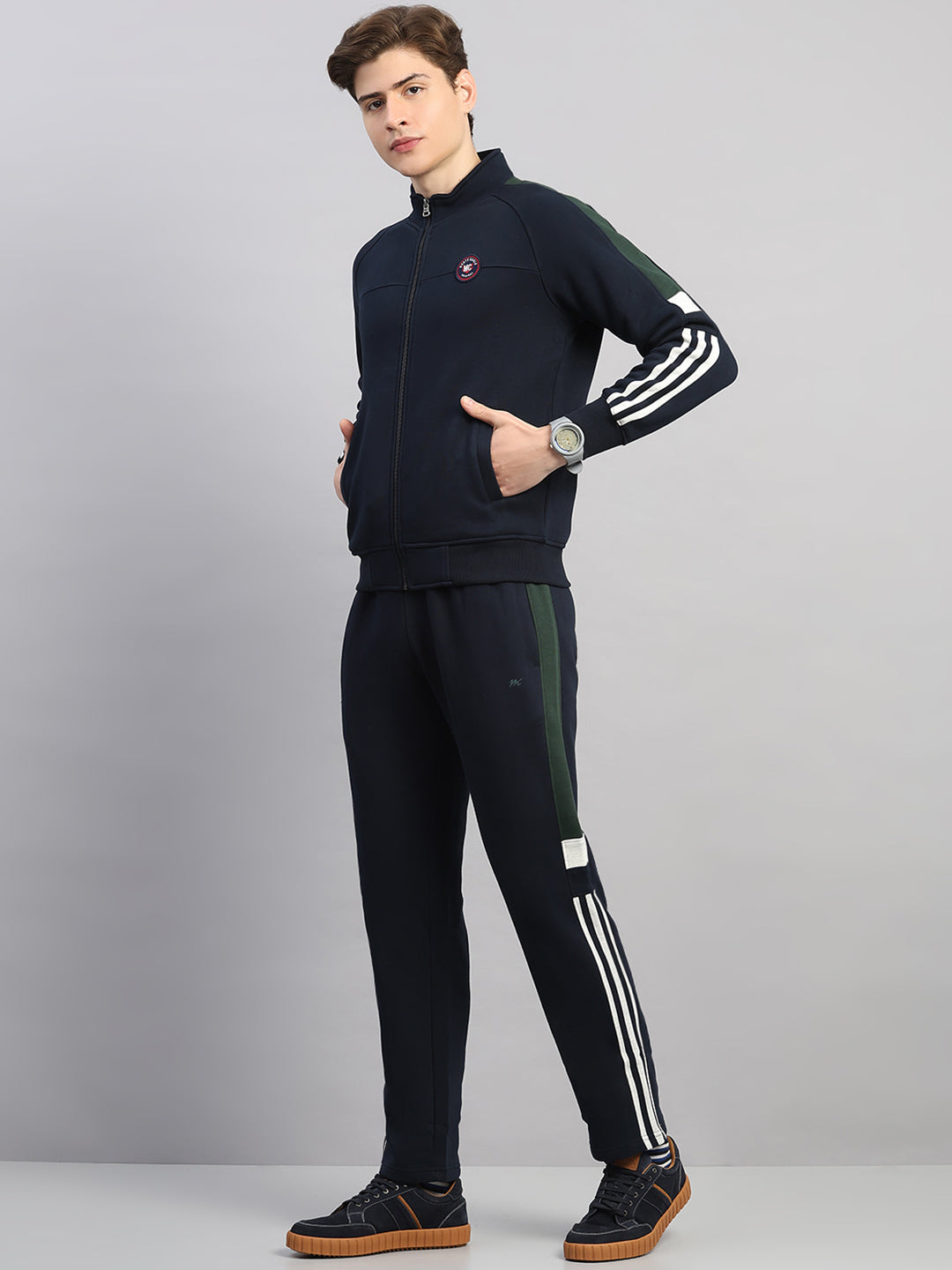 Men Navy Blue Solid Round Neck Full Sleeve Winter Tracksuit