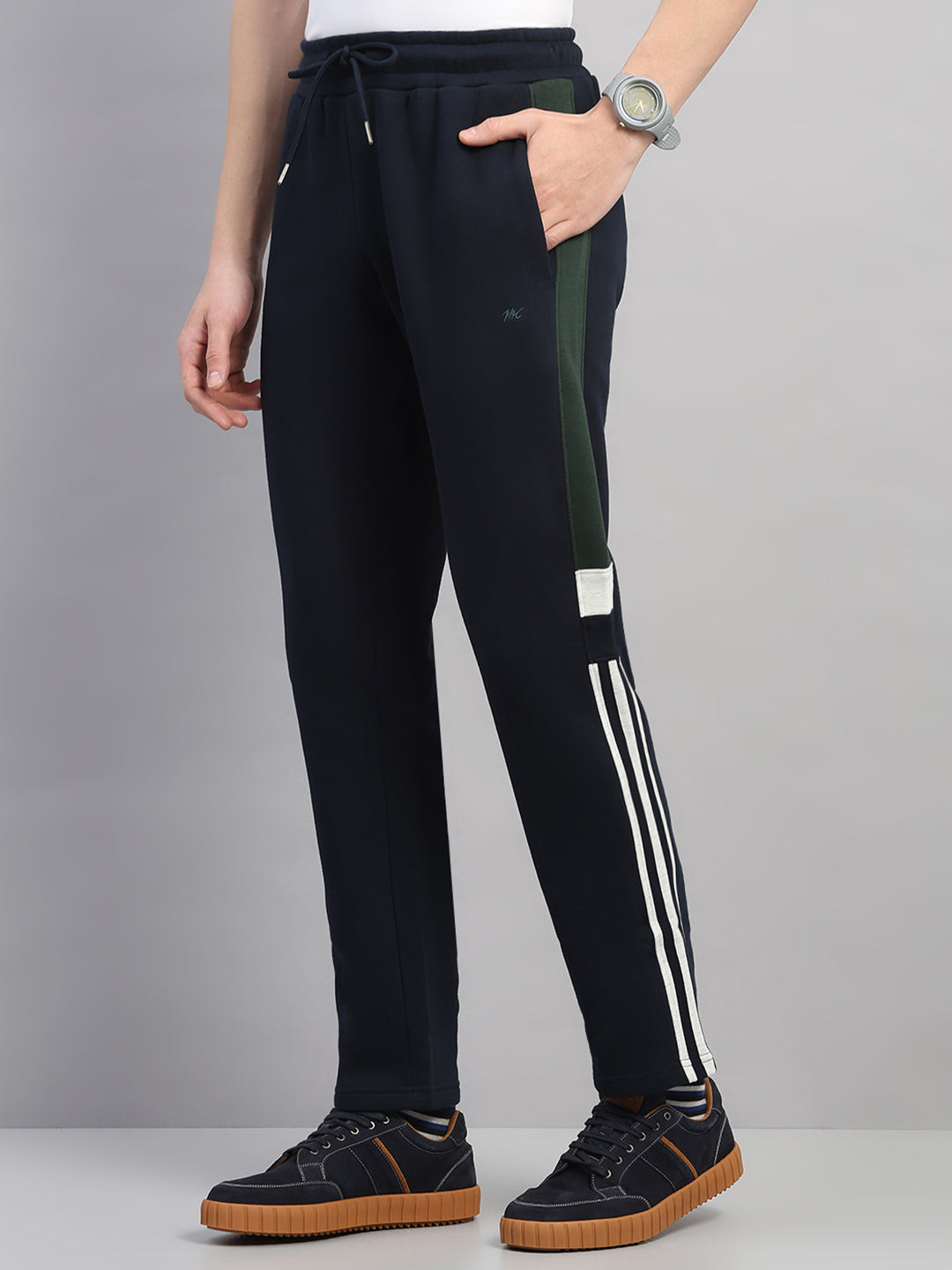 Men Navy Blue Solid Round Neck Full Sleeve Winter Tracksuit