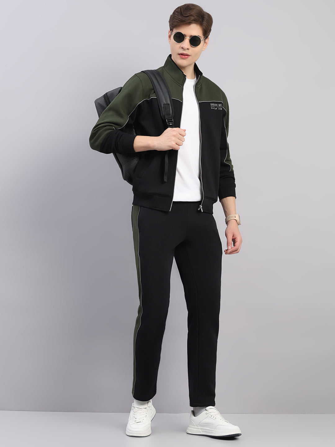 Men Black Self Design Stand Collar Full Sleeve Winter Tracksuit