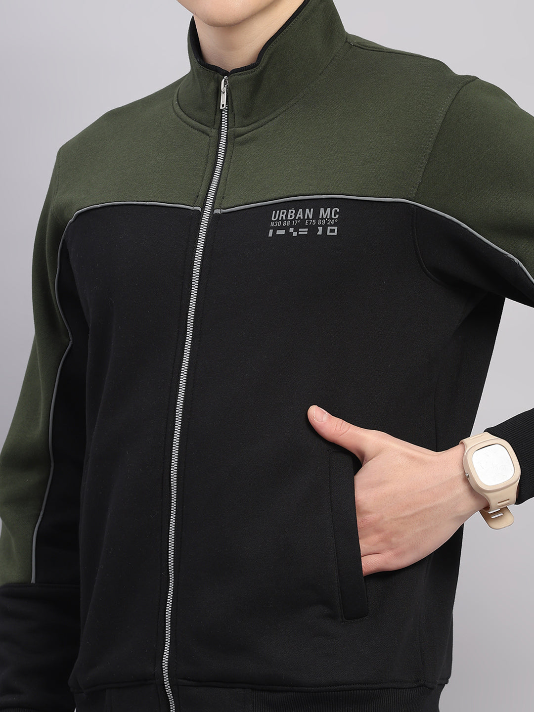 Men Black Self Design Stand Collar Full Sleeve Winter Tracksuit