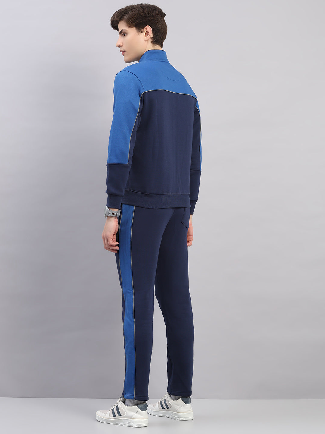 Men Navy Blue Self Design Stand Collar Full Sleeve Winter Tracksuit