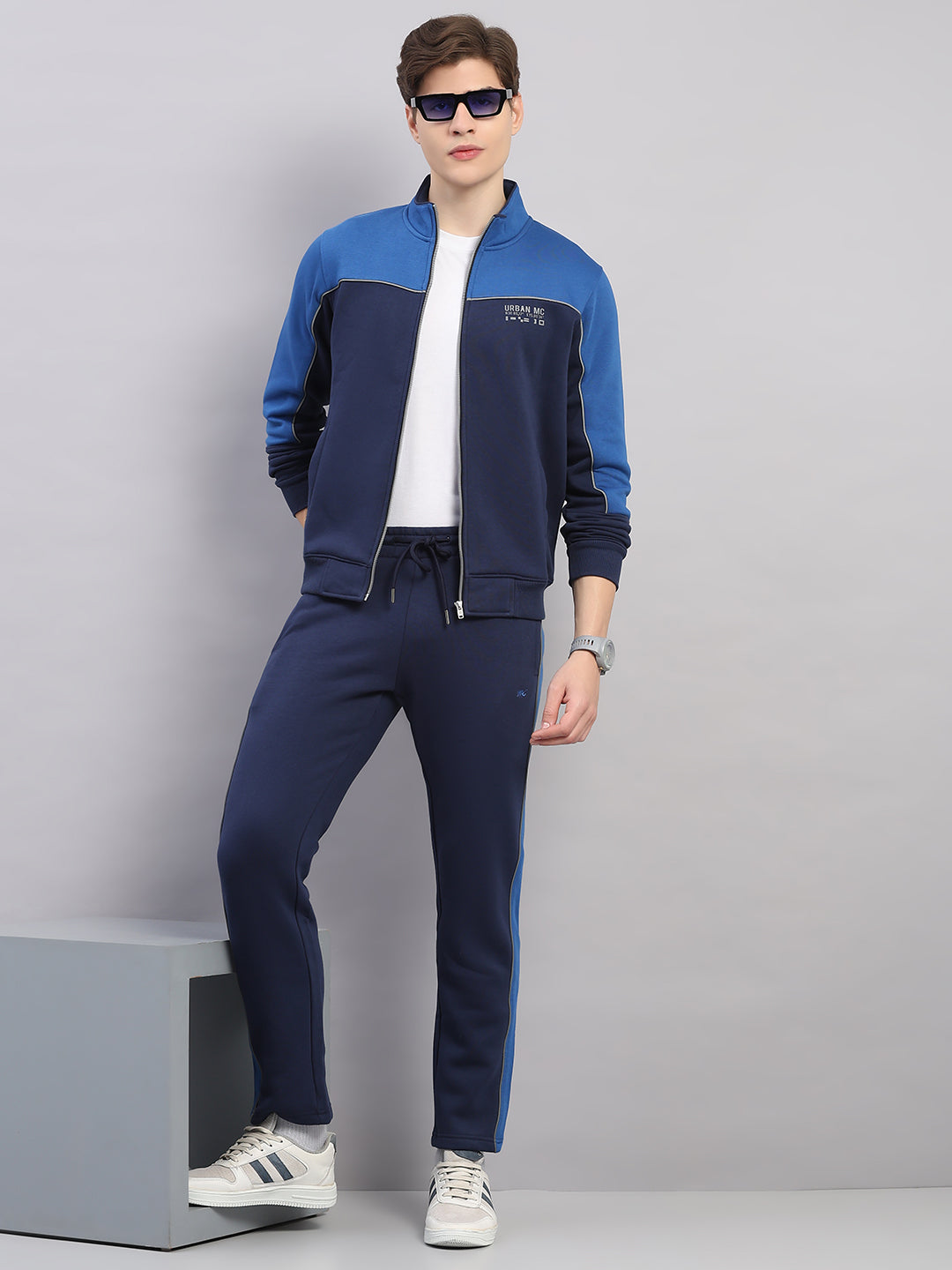Men Navy Blue Self Design Stand Collar Full Sleeve Winter Tracksuit