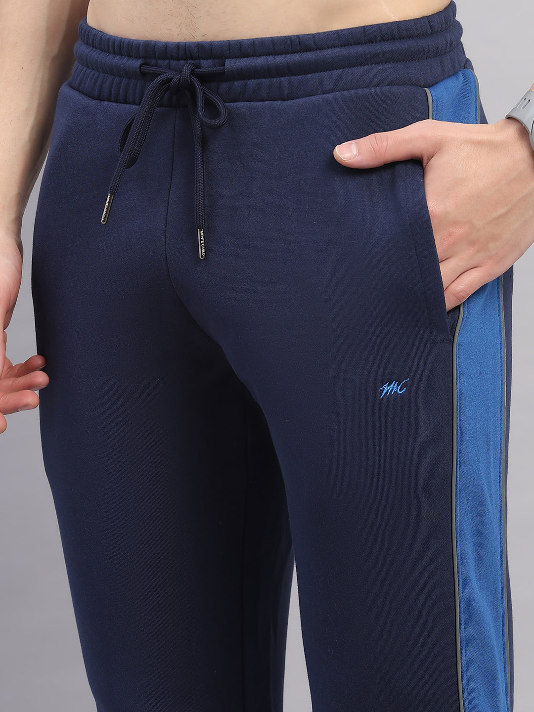 Men Navy Blue Self Design Stand Collar Full Sleeve Winter Tracksuit