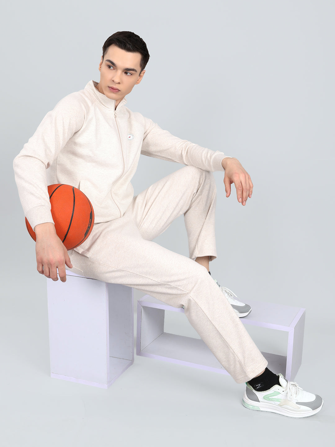 Men Cream Stripe Round Neck Full Sleeve Winter Tracksuit