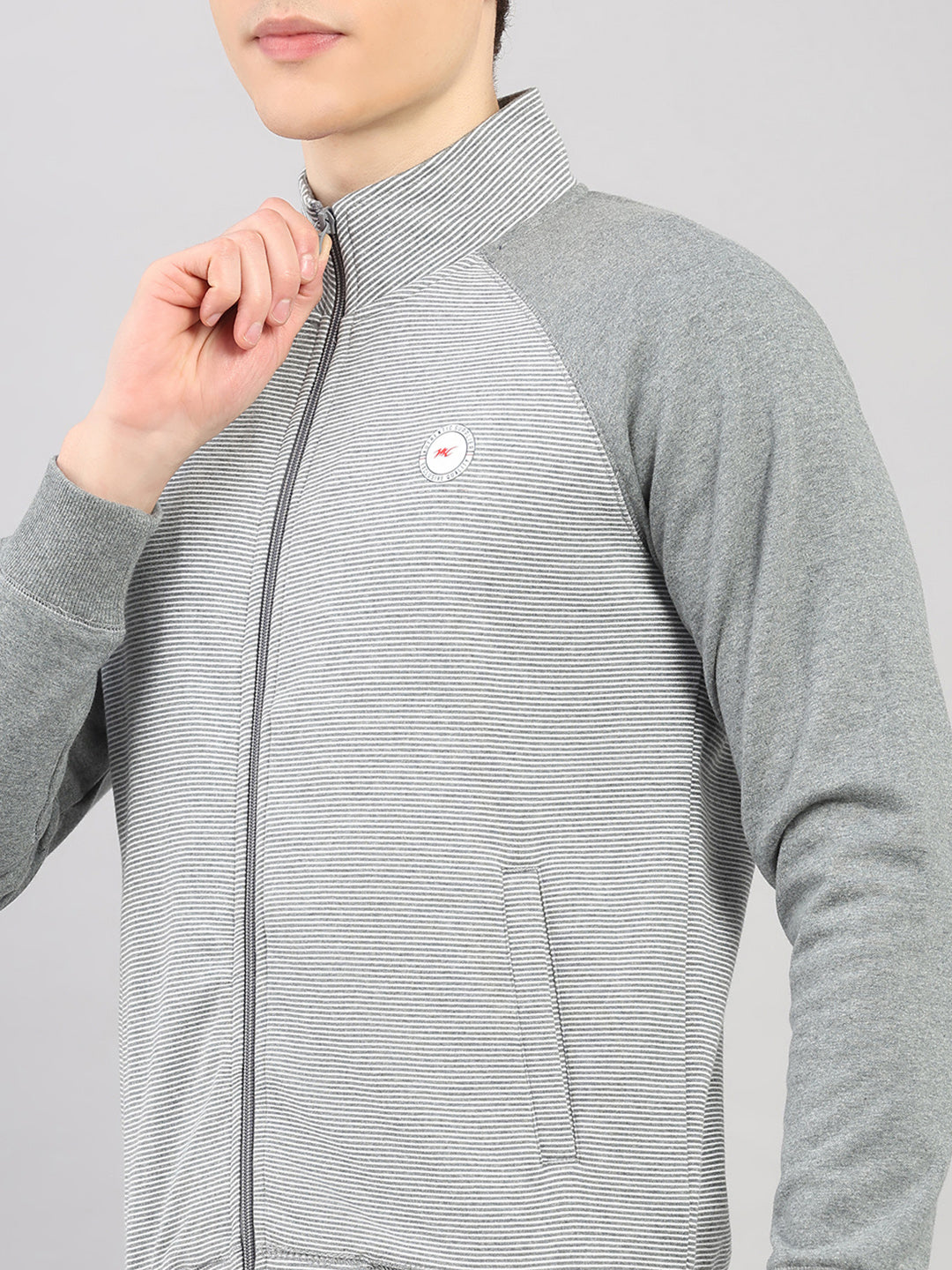 Men Grey Stripe Stand Collar Full Sleeve Winter Tracksuit