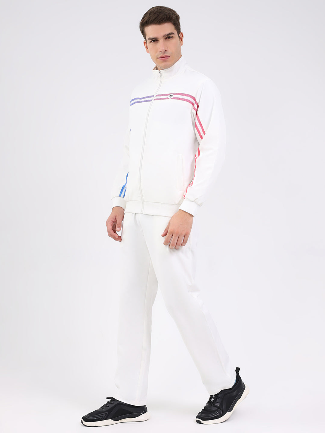 Men White Solid Mock Neck Full Sleeve Winter Tracksuit