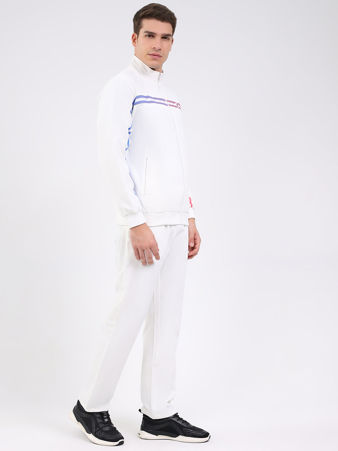 Men White Solid Mock Neck Full Sleeve Winter Tracksuit