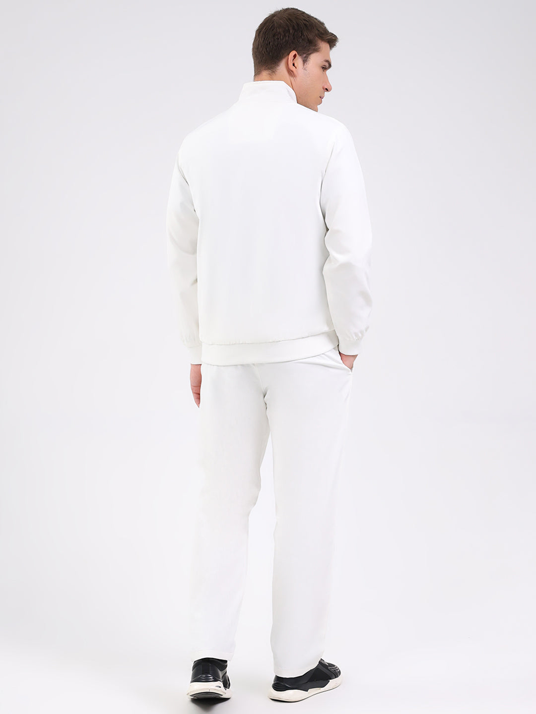 Men White Solid Mock Neck Full Sleeve Winter Tracksuit