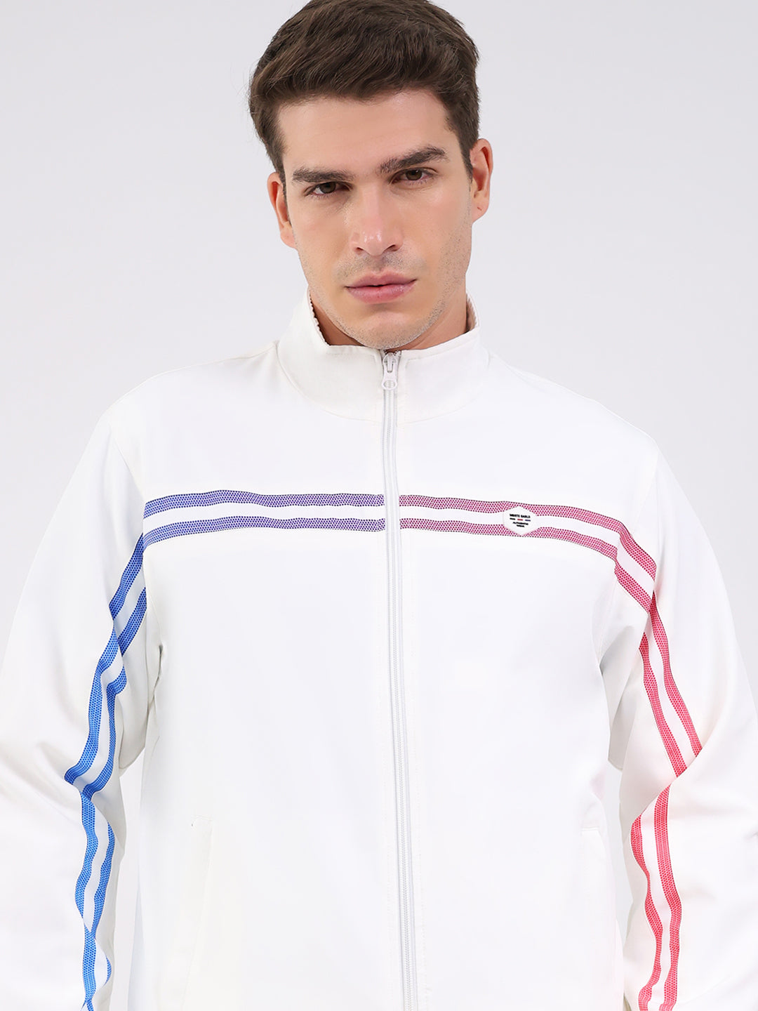 Men White Solid Mock Neck Full Sleeve Winter Tracksuit