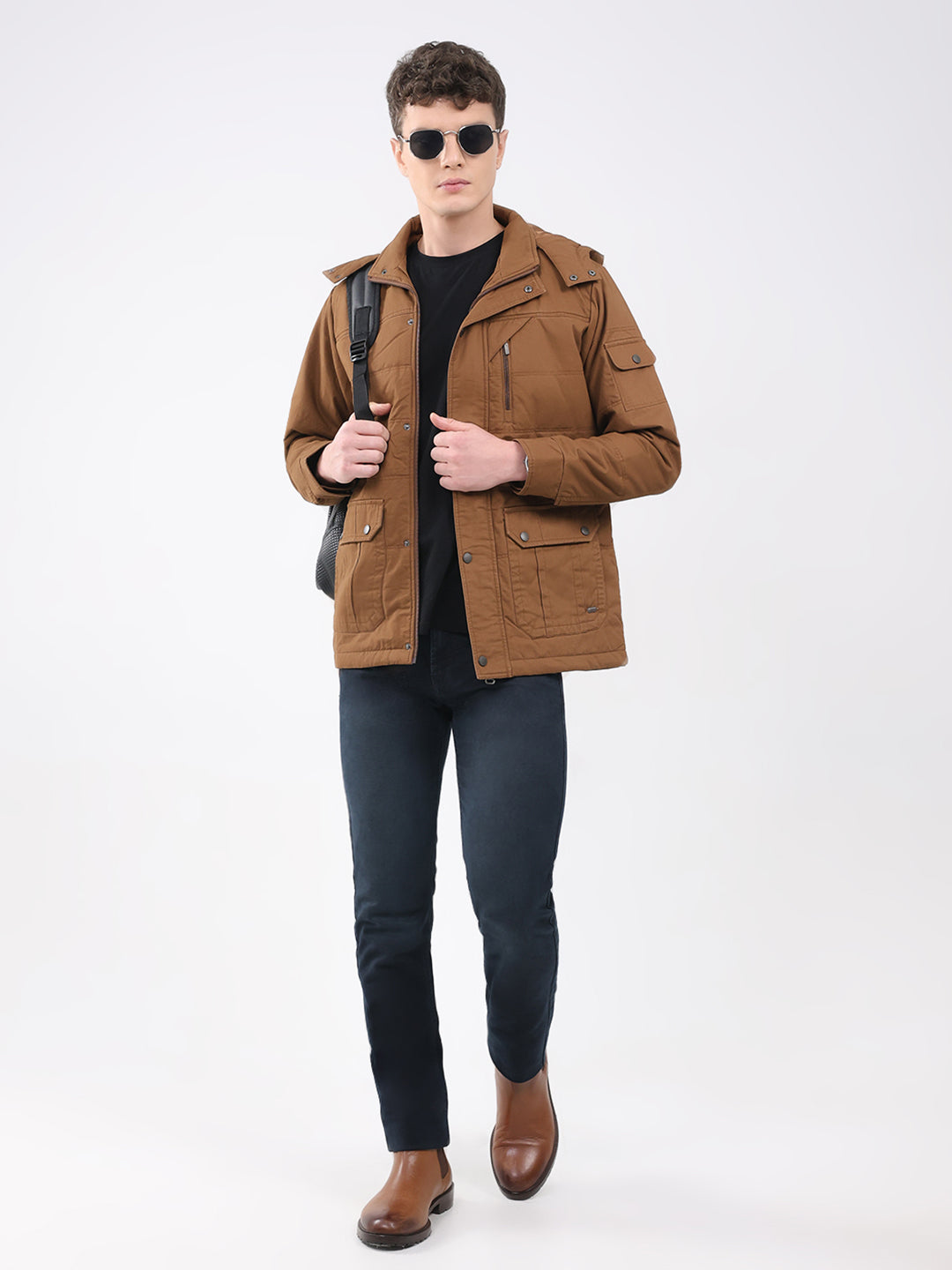 Men Brown Solid Hooded Full Sleeve Jacket