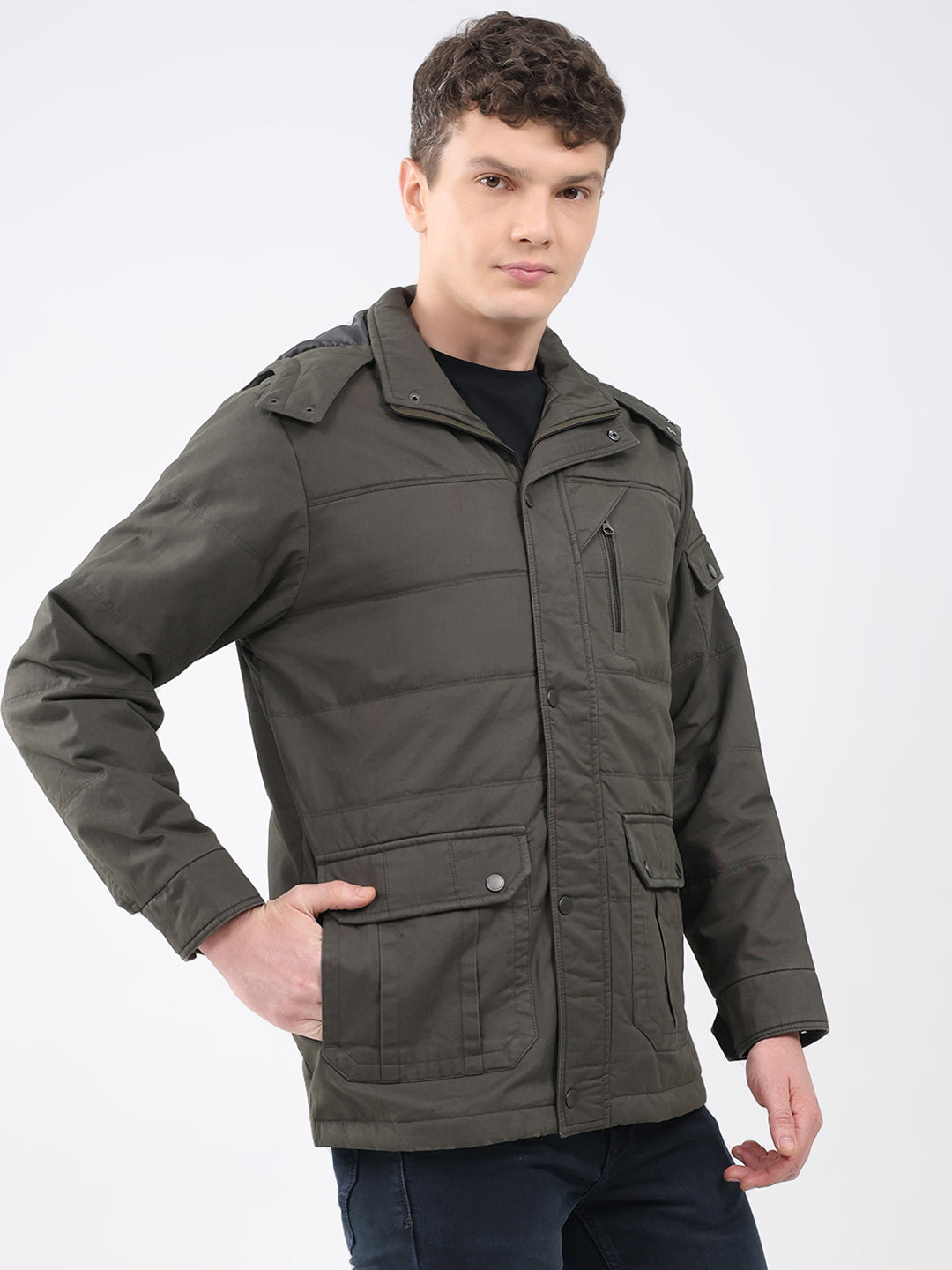 Men Green Solid Hooded Full Sleeve Jacket