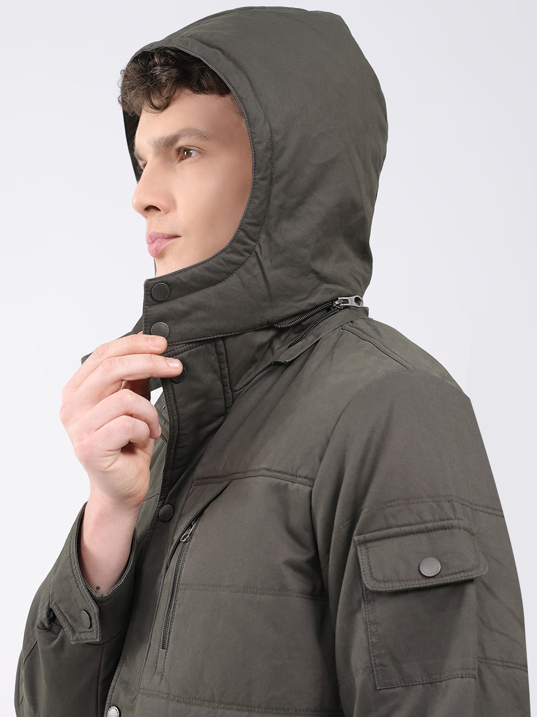Men Green Solid Hooded Full Sleeve Jacket