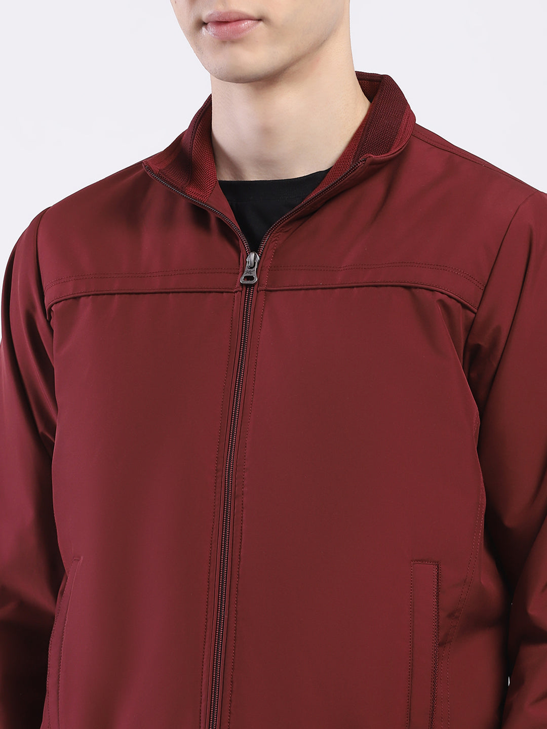Men Maroon Solid Collar Full Sleeve Jacket