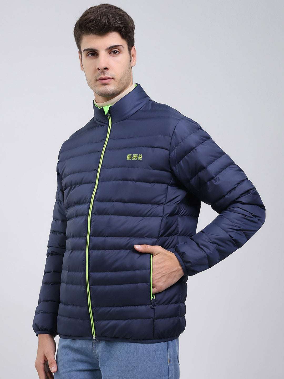 Men Blue Solid Mock Neck Full Sleeve Jacket