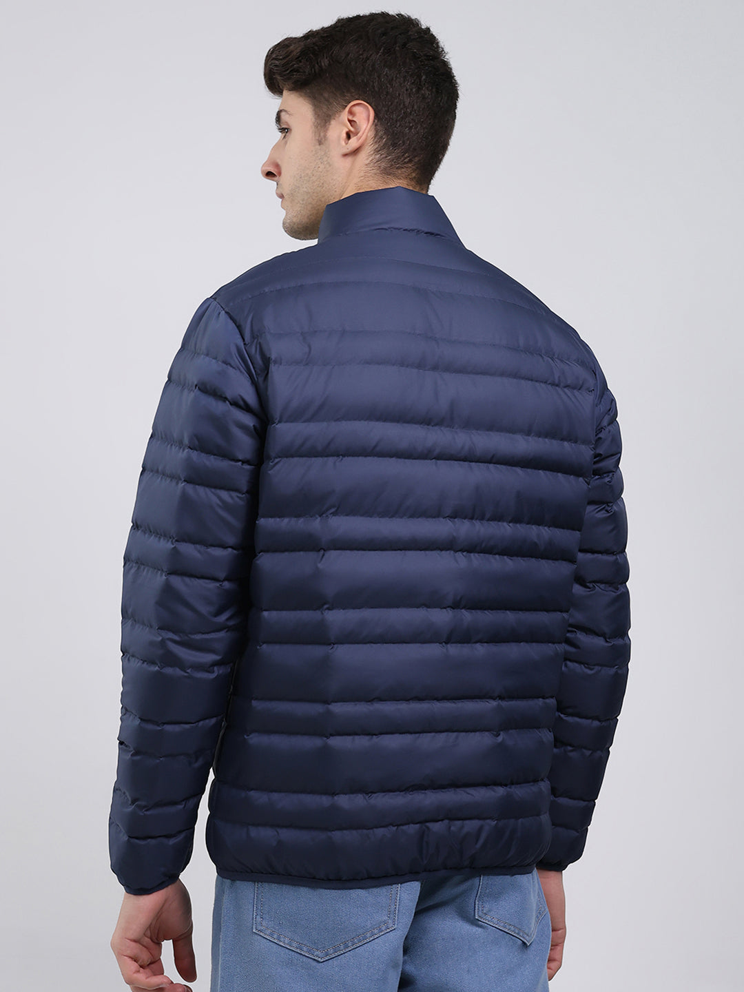 Men Blue Solid Mock Neck Full Sleeve Jacket