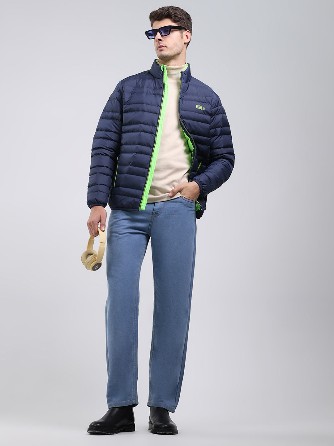 Men Blue Solid Mock Neck Full Sleeve Jacket