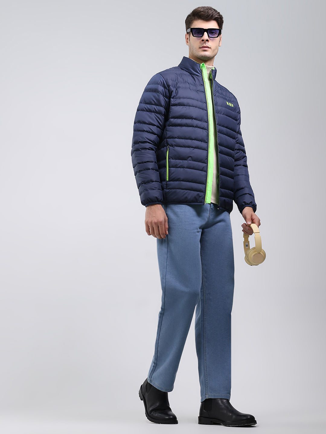 Men Blue Solid Mock Neck Full Sleeve Jacket