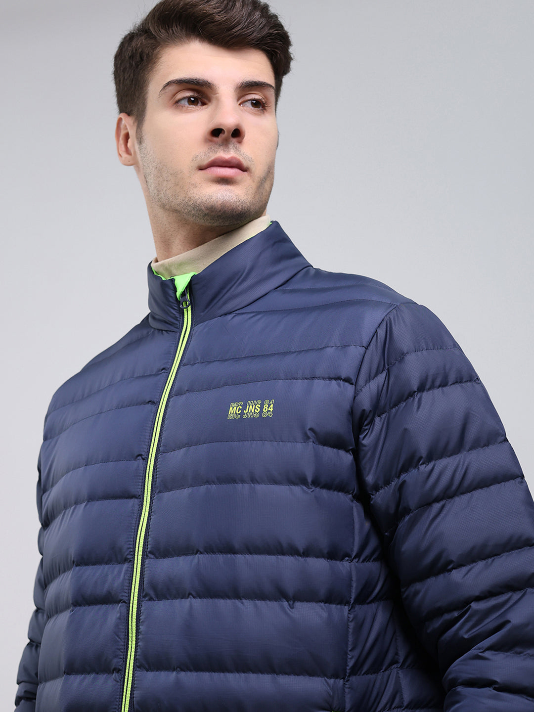 Men Blue Solid Mock Neck Full Sleeve Jacket